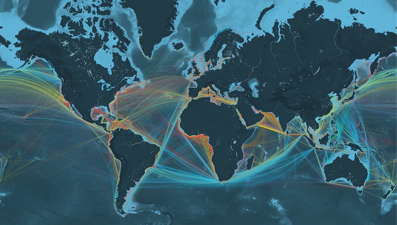 Globale Transportrouten der Welthandelsflotte nach Transportgütern (2012)